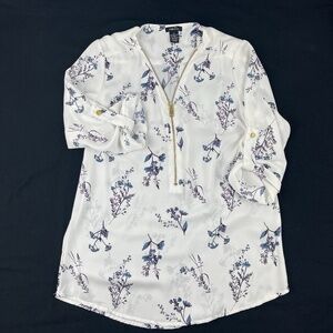 Rue 21 Womens Blouse White Floral Blue Zipper XS